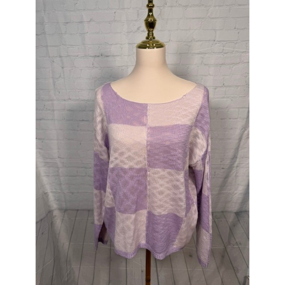 NWOT Pink Lily Sunset Key Checkered Sweater Purple White Women's M